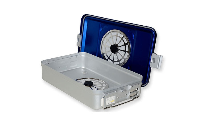 CONTAINER med två filter och perforerad botten - Mellan h 100 mm - Blå